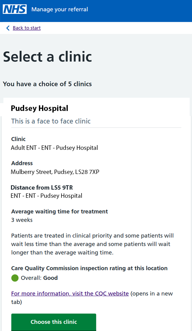 image of the Manage Your Referral patient website displaying a service with a ‘Good’ CQC rating