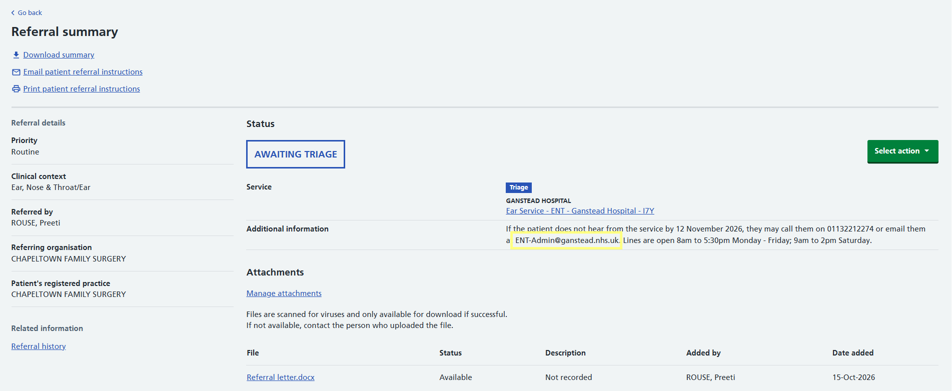 Image displays service conatct email for patients as displayed on referral summary screen