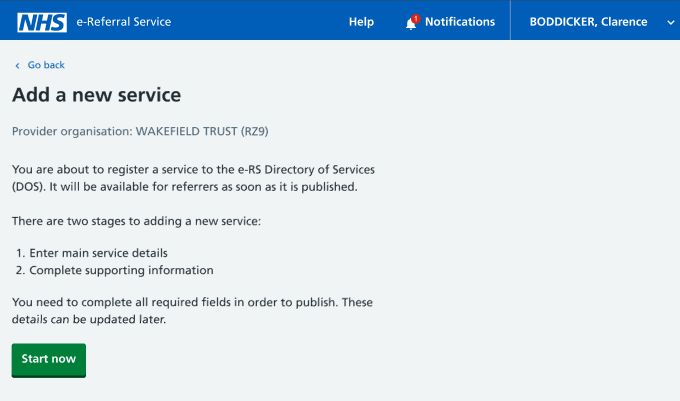 Add a new service screen