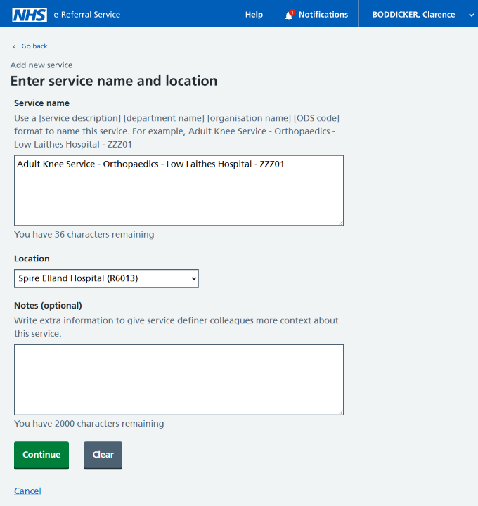 Enter service name and location screen