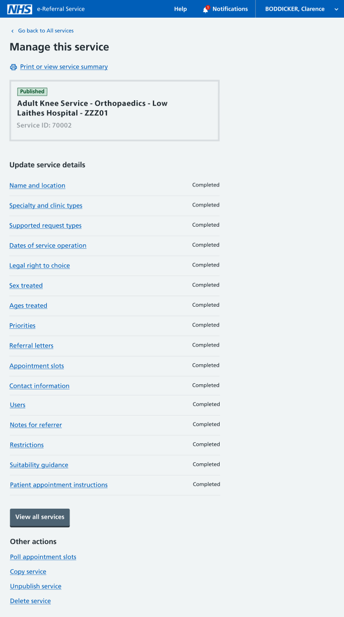 Manage this service screen