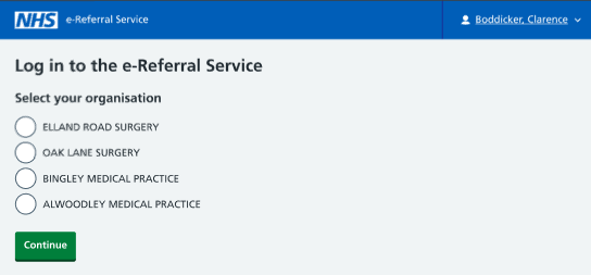 Image displays selection of organisations that user has access to