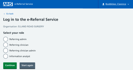 Image displays selection of roles using radio buttons