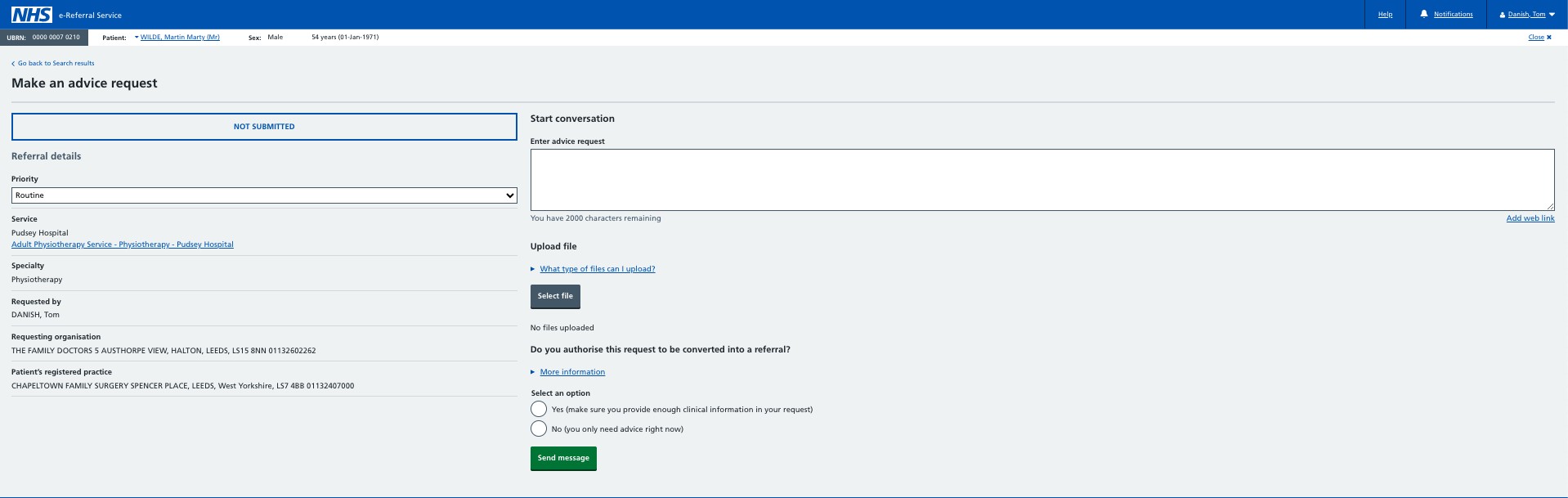 ‘Making an advice request’ screen.