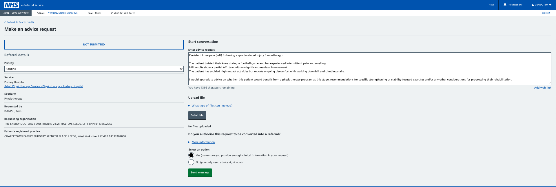 Making an advice request’ screen.