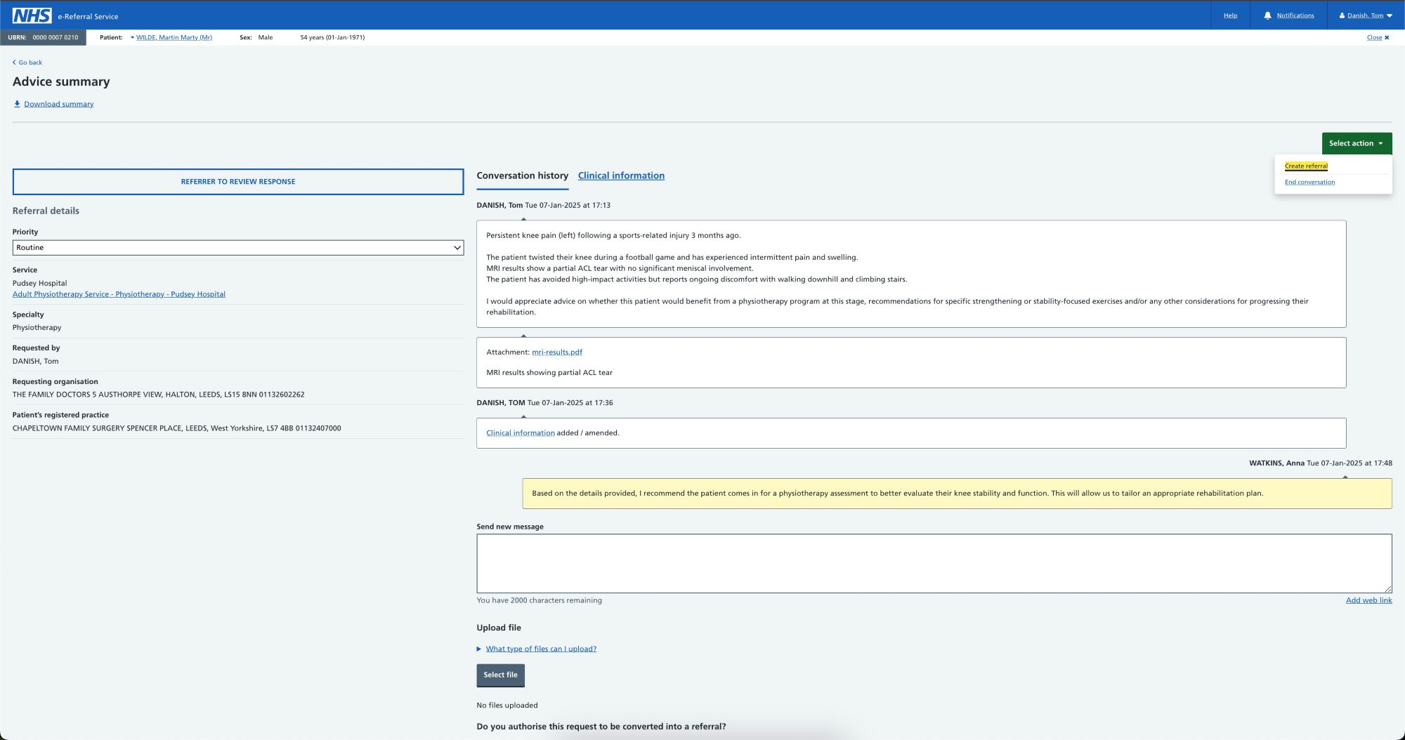 Converting an advice and guidance request to a referral