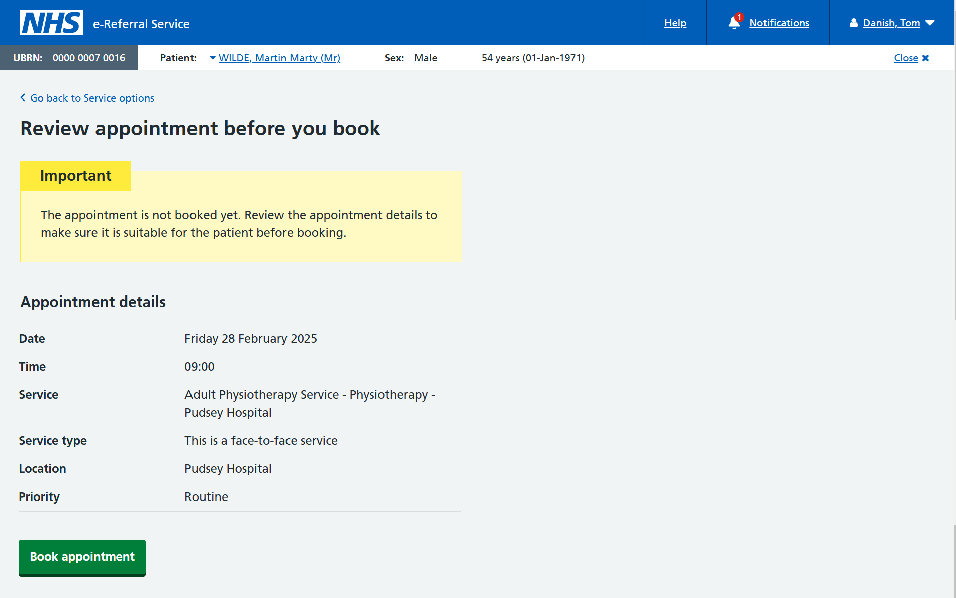 new review appointment screen