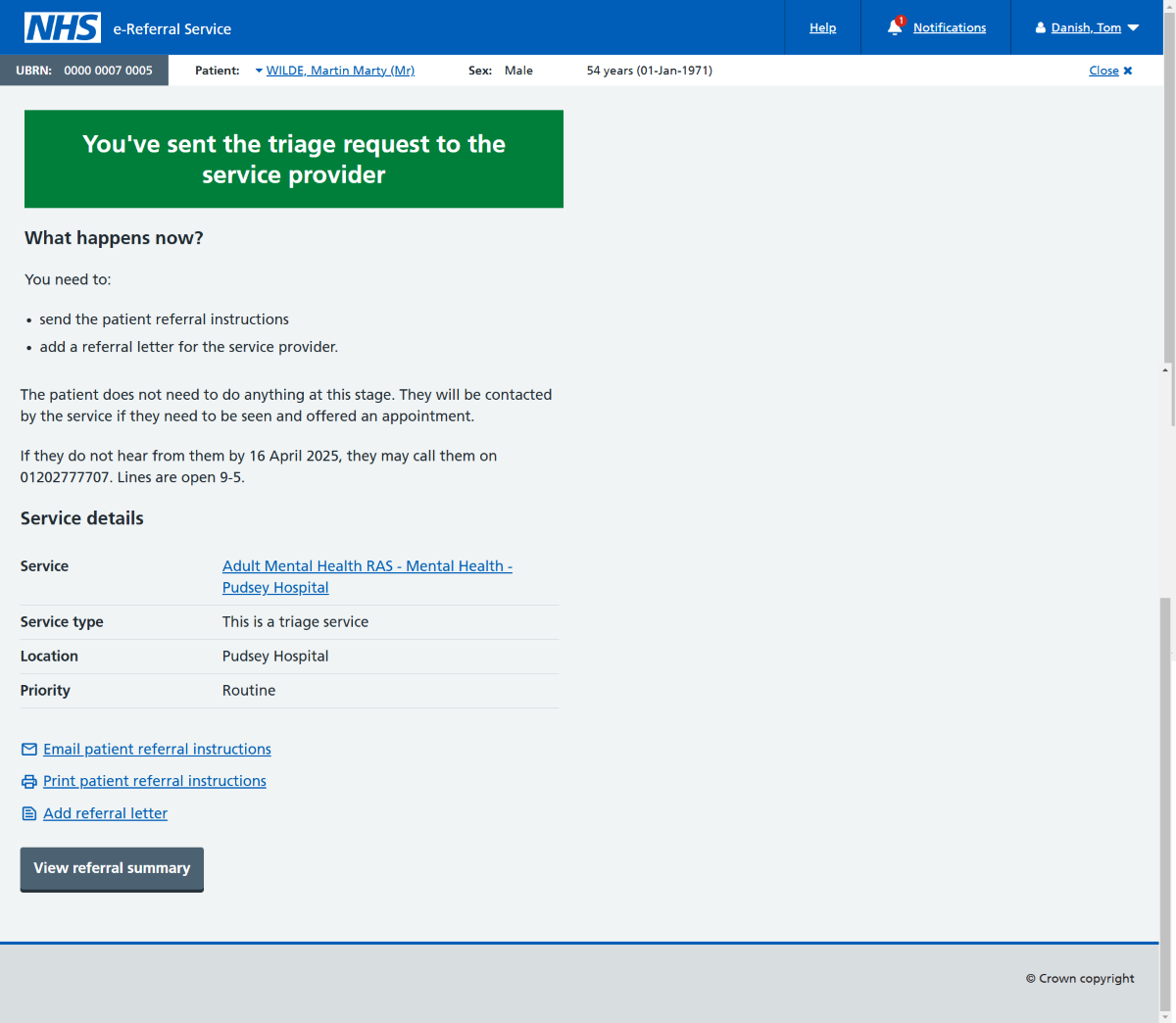Triage confirmation screen