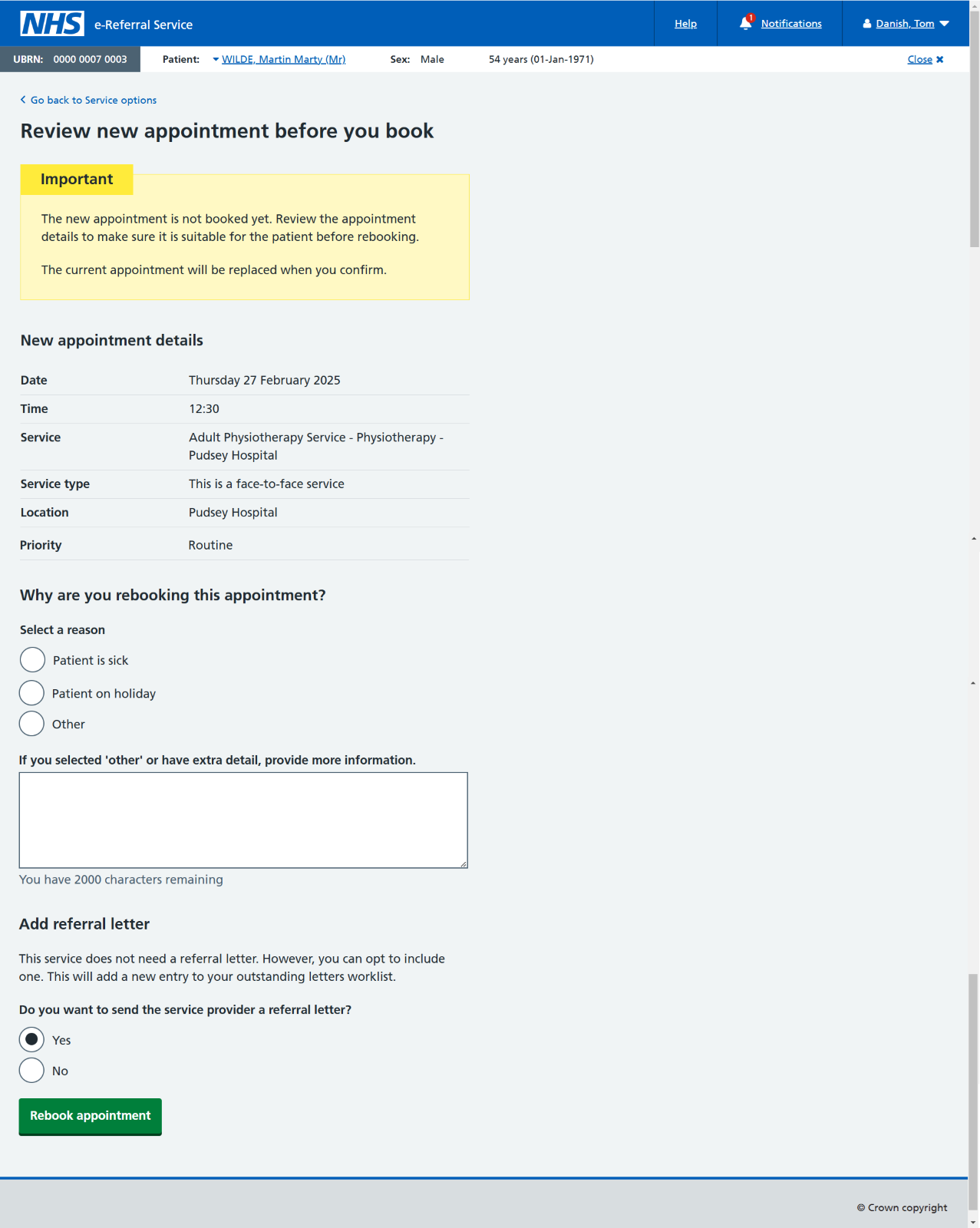 Review new appointment screen