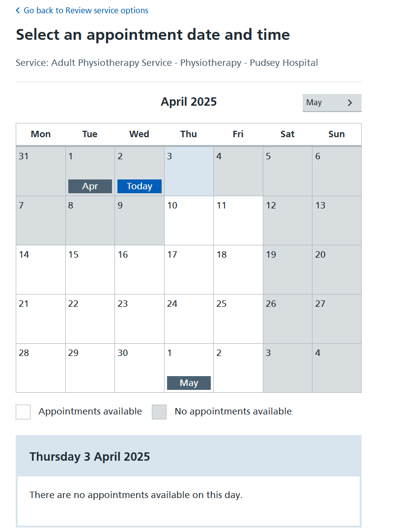 calendar view when date selected where no appointment are available