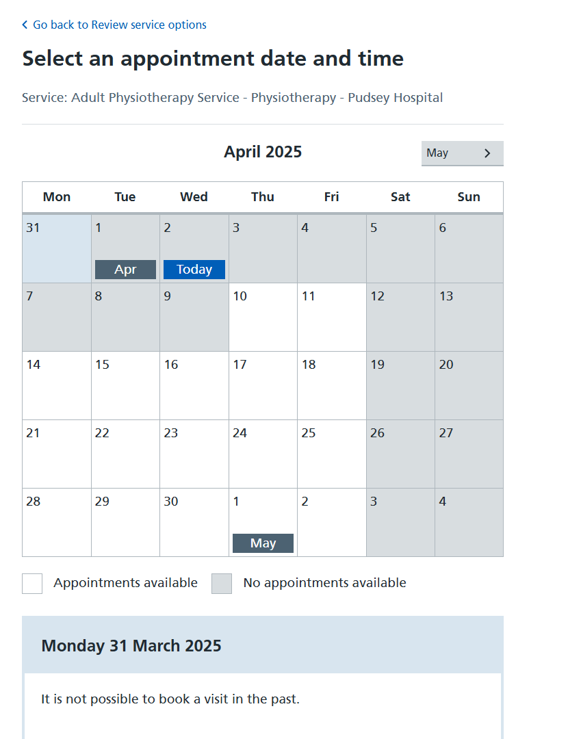 Calendar it is not possible to book a visit in the past