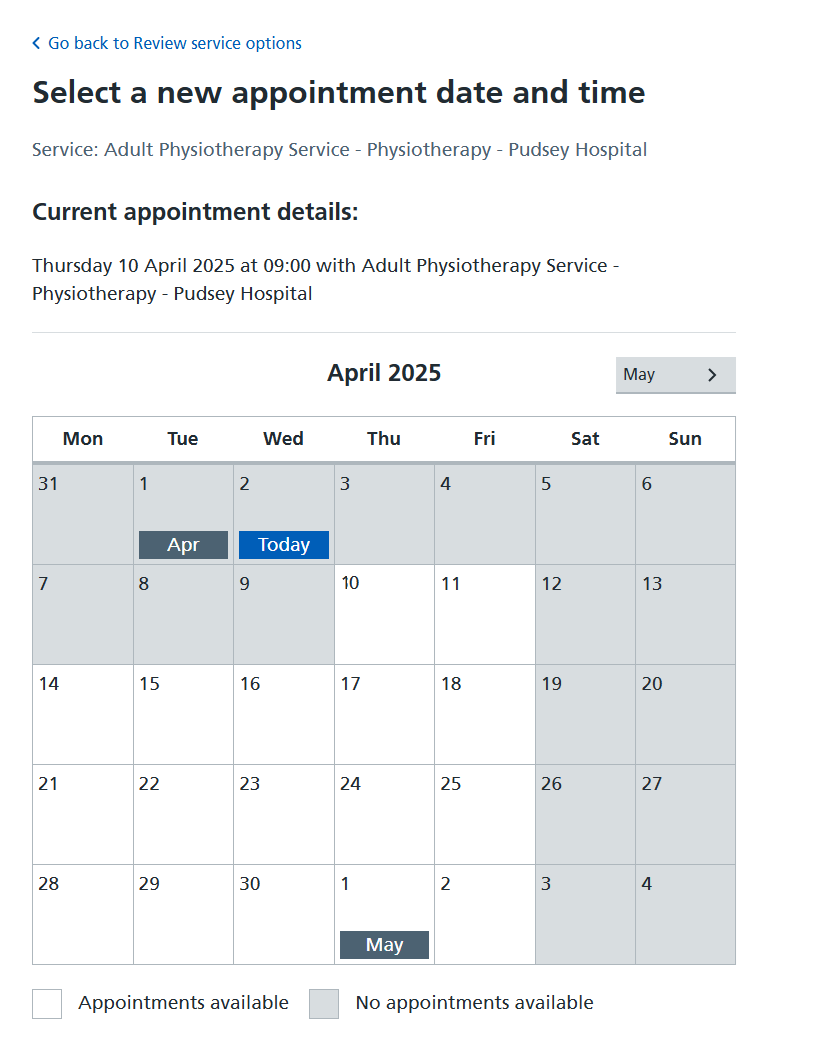 calendar view when rebooking an appointment
