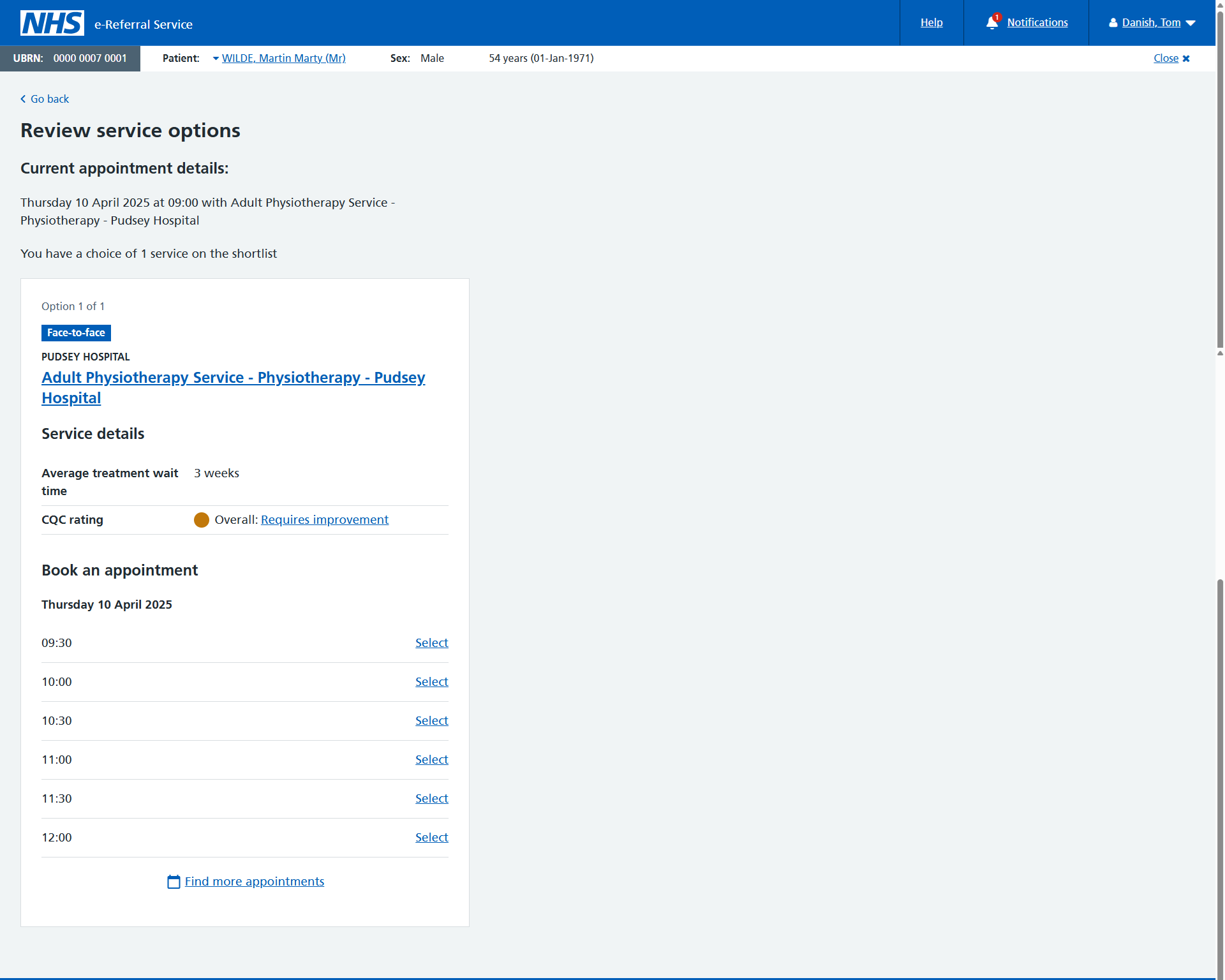 review service options screen