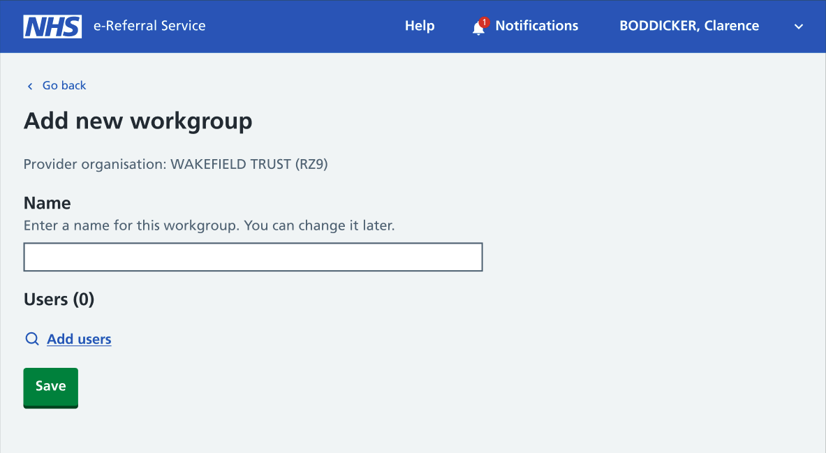 service definer add new workgroup screen