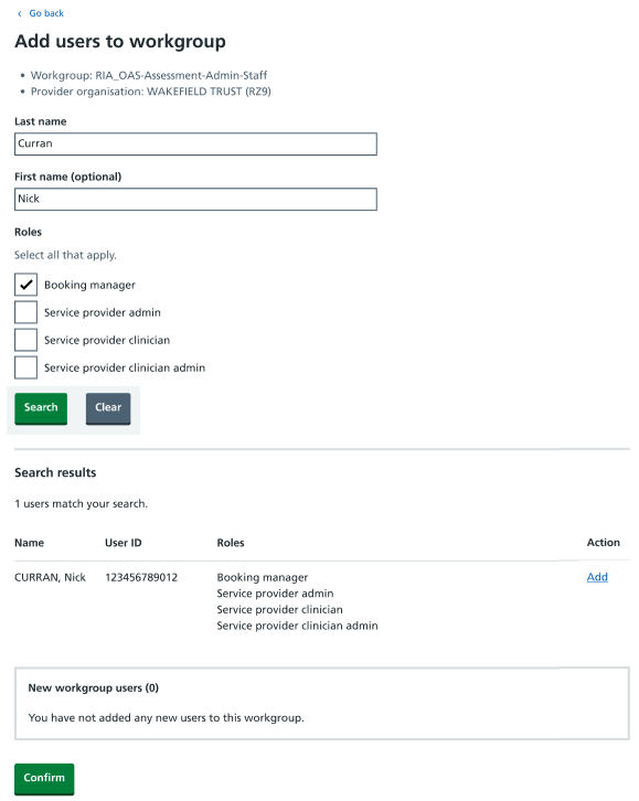 service definer add users to workgroup screen with users details