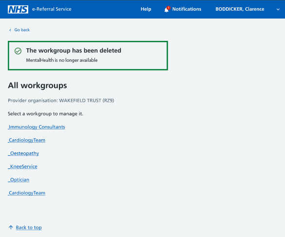 service definer all workgroups screen showing workgroup deleted confirmation message
