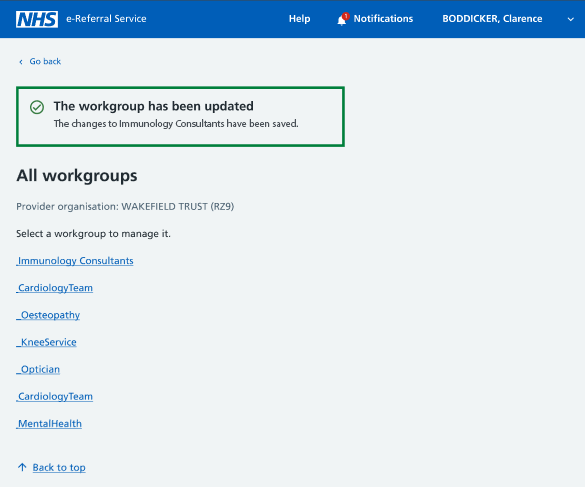service definer all workgroups screen showing workgroup update confirmation message