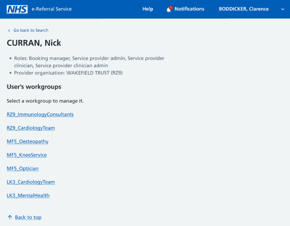 service definer list of workgroups associated to the user