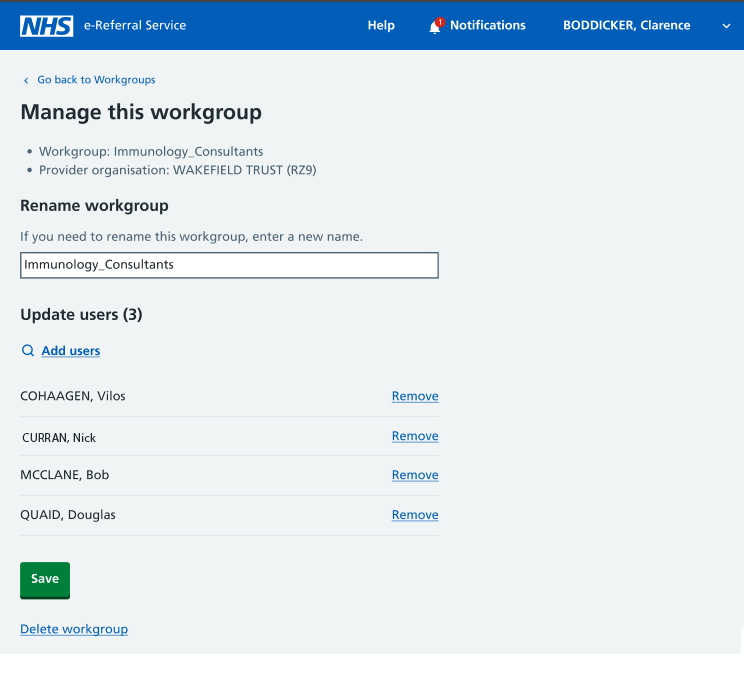 service definer manage this workgroup screen