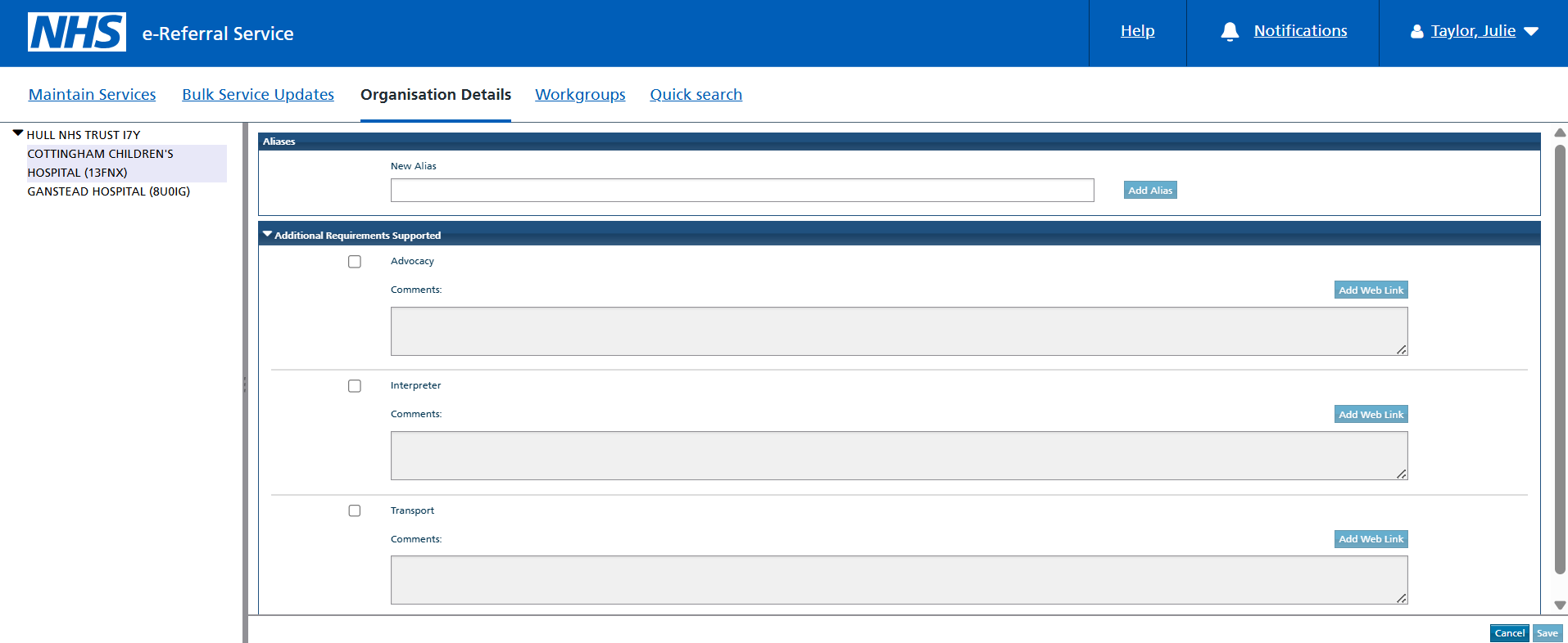 service definer organisation details tab layout prior to the screen changes