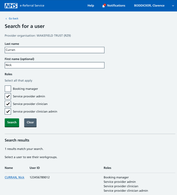 service definer search for a user screen showing user