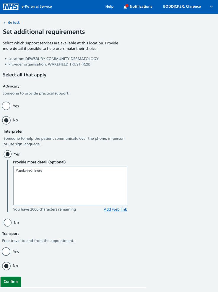 service definer set additional requirements tab