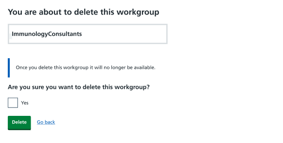 service definer workgroup deletion warning message