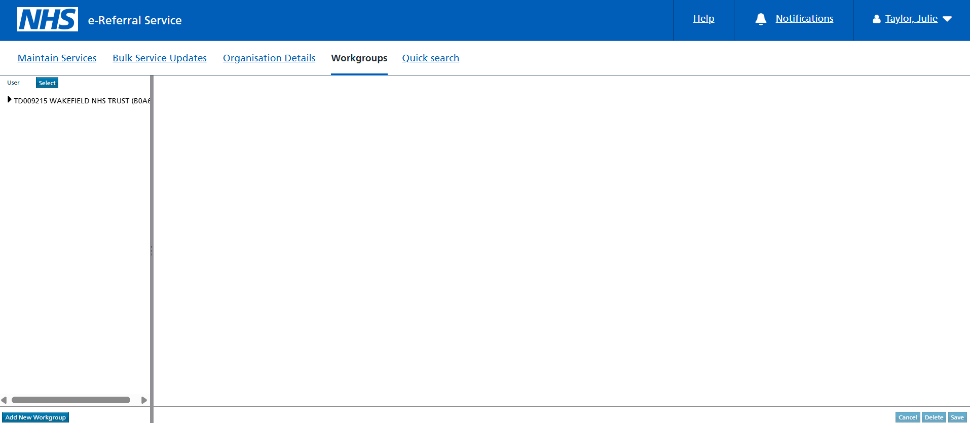 service definer workgroups tab layout prior to the screen changes