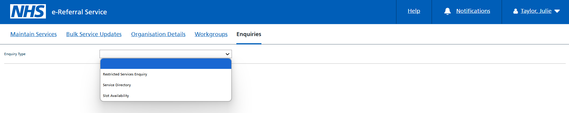 Image showing the Enquiries screen before the update.