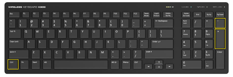 image of a keyboard with the ctrl, - and + buttons highlighted