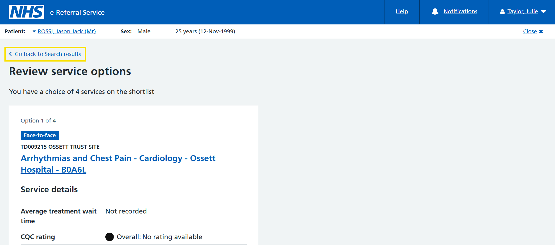 review service option screen with go back to search results highlighted