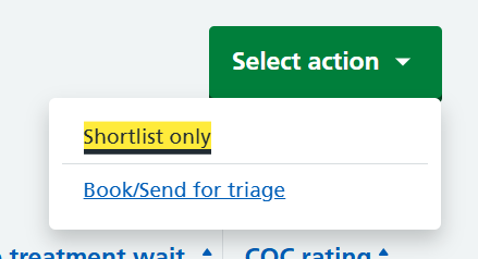 Select aaction reveal with shortlist only and book/send for triage option displayed