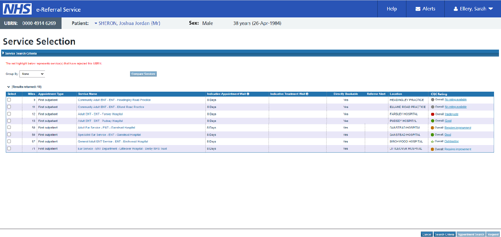 image of the service search screen displaying all CQC ratings against services
