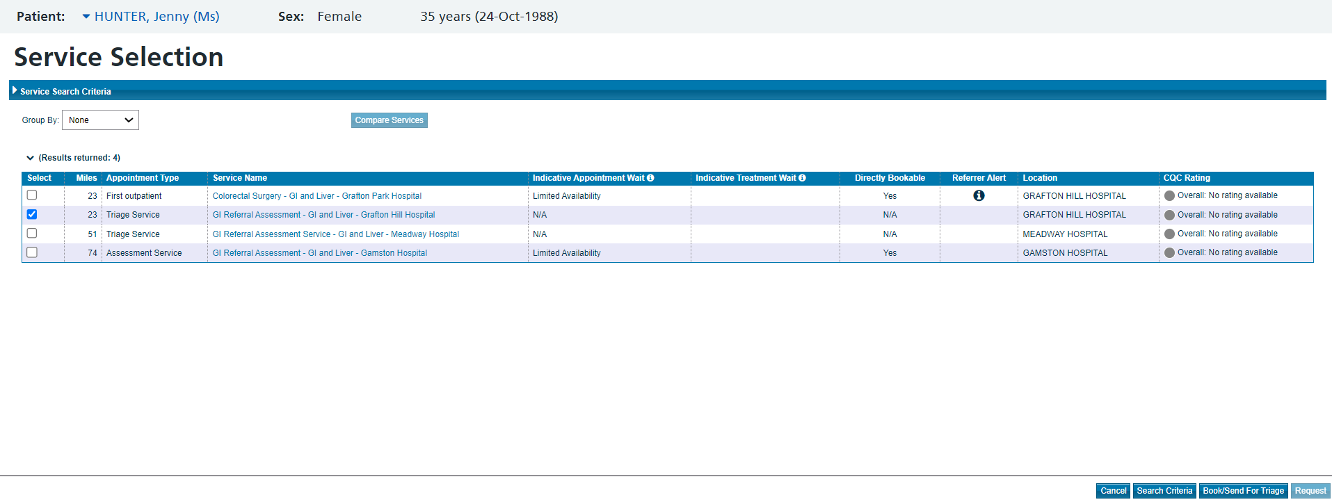 selection screen with single referral assessment service selected and request button disabled