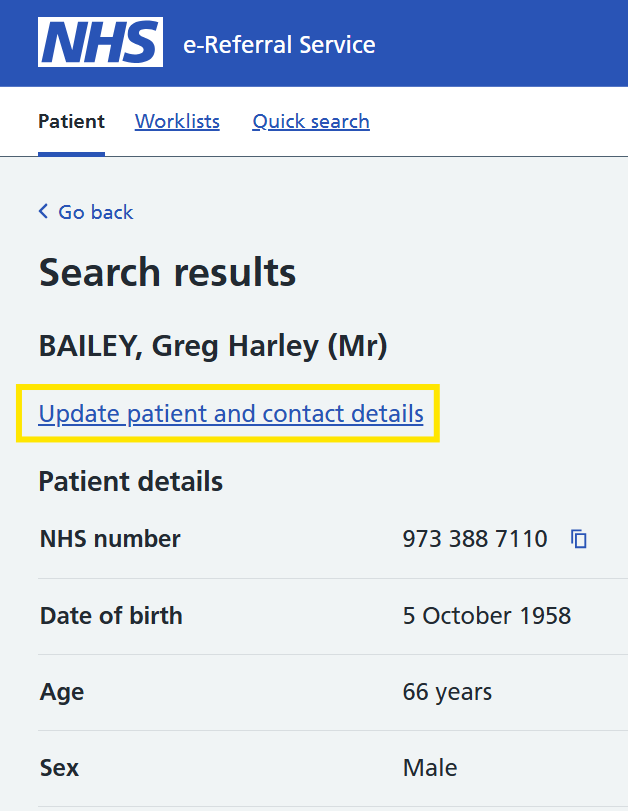 Image displays link to update patient and their contact details
