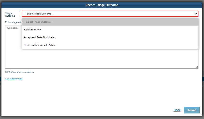 Image of referral outcome drop down