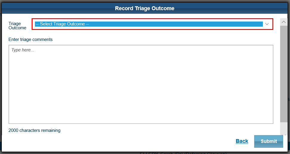 Screenshot of the record triage outcome screen that allows clinicians to record the triage assessment and add comments and attachments if needed