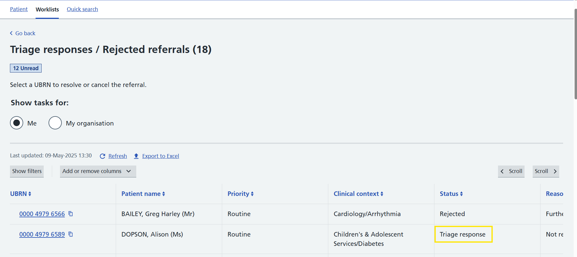 Image of the Triage response/Rejected referrals worklist when selected from worklists dashboard