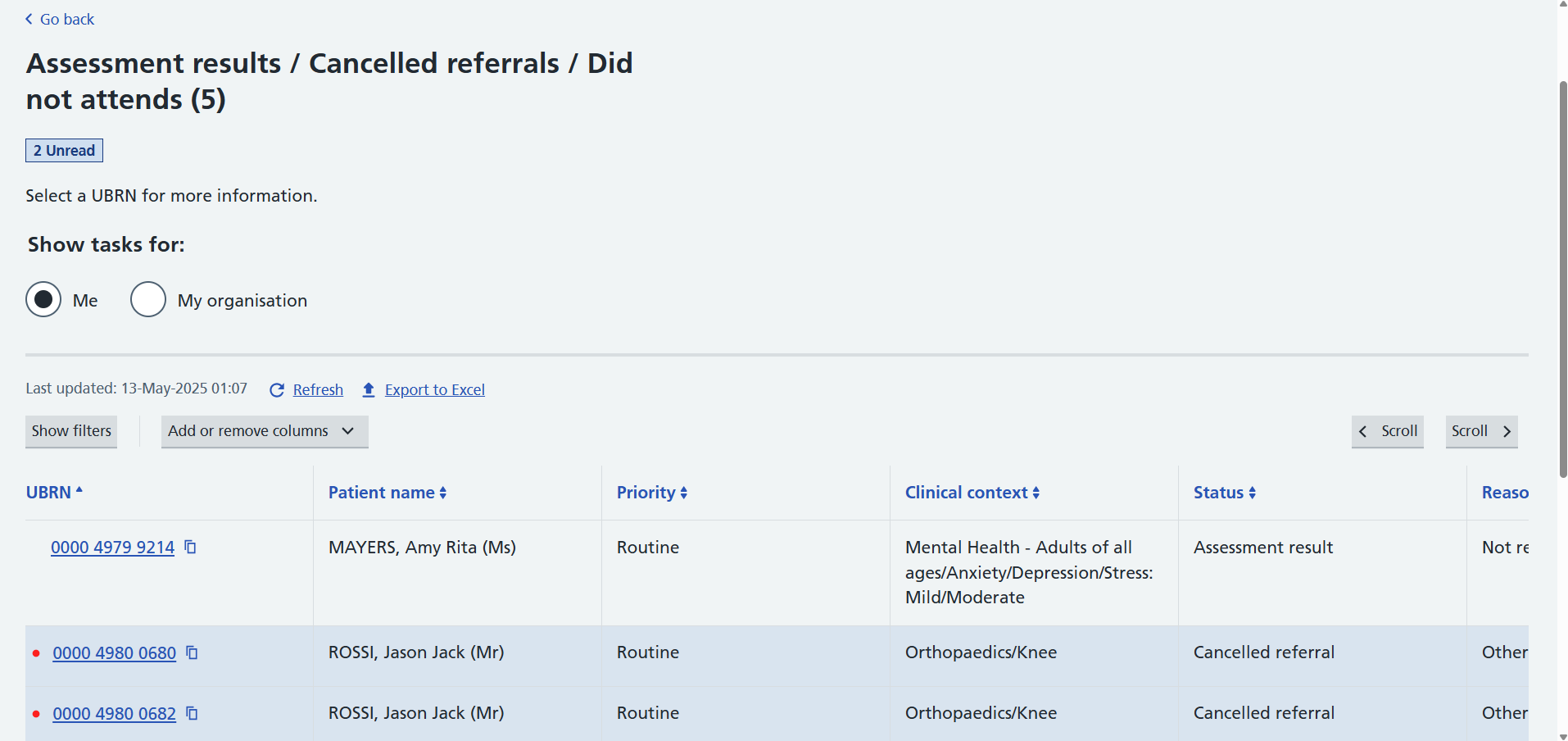 Image displays Assessment results/Cancelled referrals/Did not attends worklist