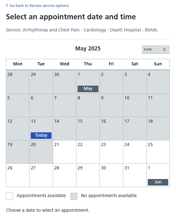 Image display calendar view when 'Find more appointments' option is selected