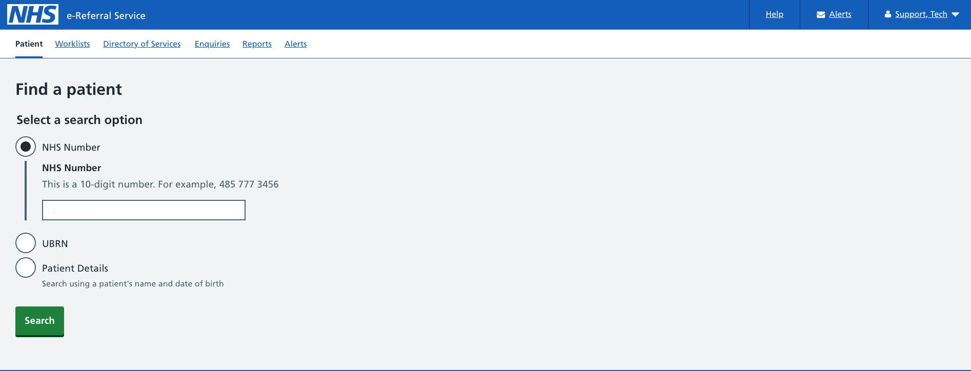 Image displaying Find Patient using NHS number screen