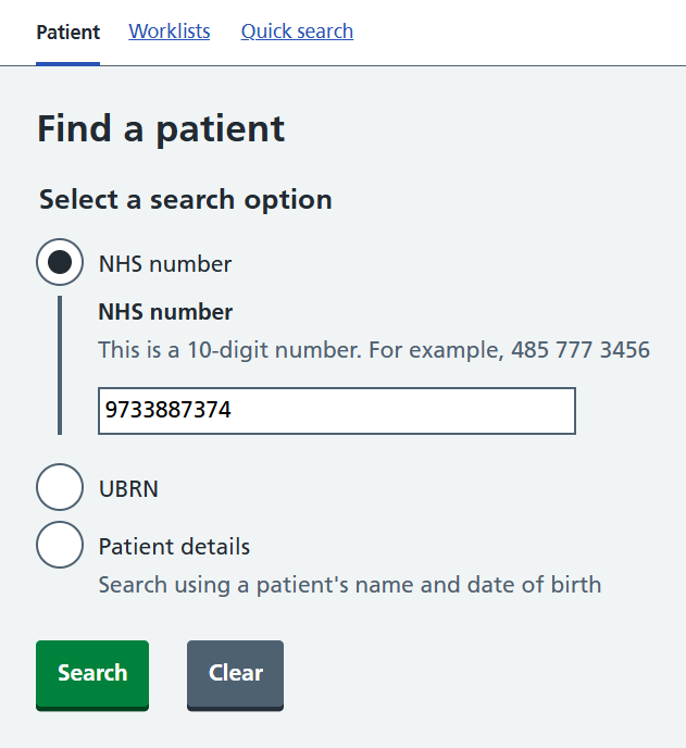 Image displaying Find a Patient using NHS number screen