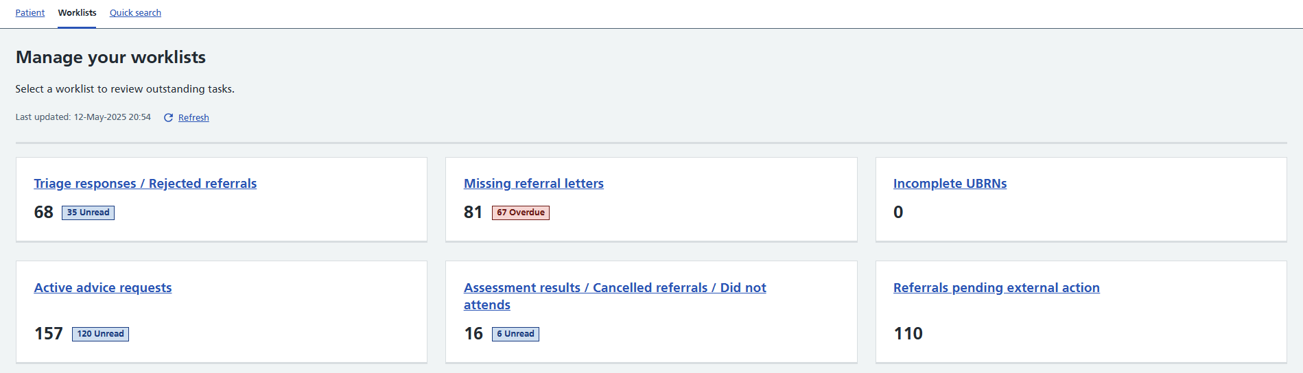 Screen shot of e-RS showing worklist view for the referring clinician admin and referring admin