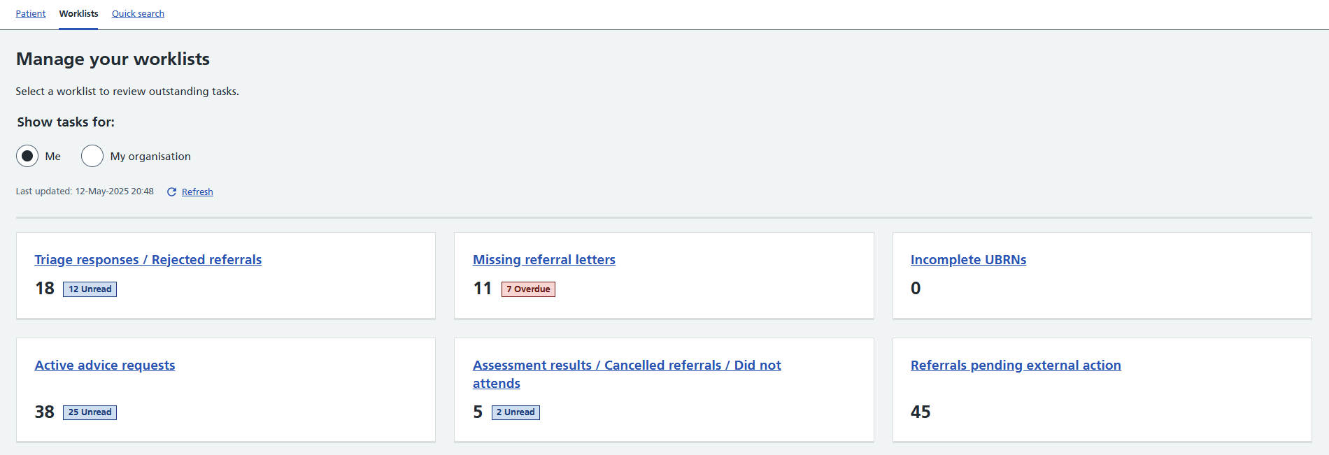 Screen shot of e-RS showing worklist view for a referring clinician