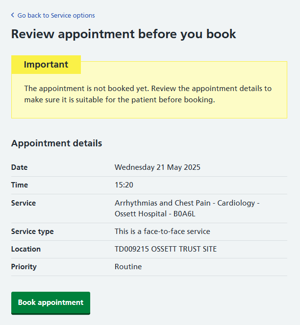 Image displays appointment details for review before booking