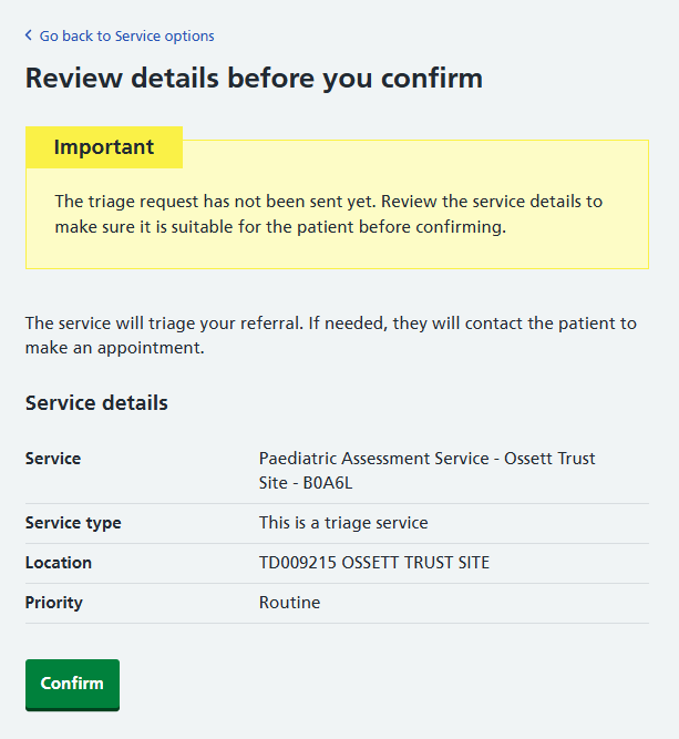 Image displays review screen for a triage service