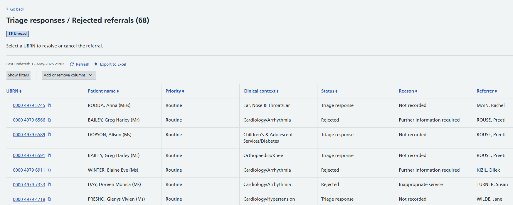 Screen shot of e-RS showing selected worklist
