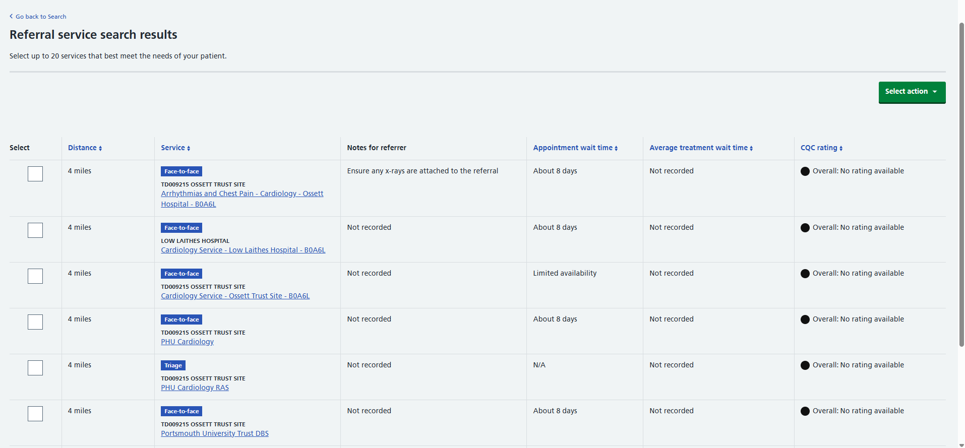 Image of Referral service search results screen