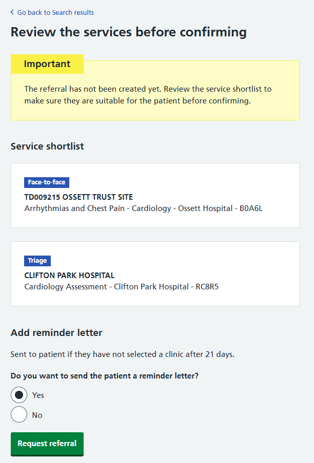 Image displays the review screen when services are shortlisted