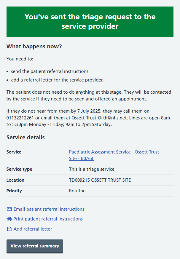 Image of the triage summary confirmation screen